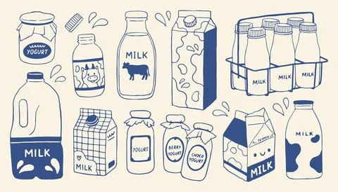 Hand drawn dairy vector set with milk bottles, cartons, yogurt jars and dairy Stock Illustration