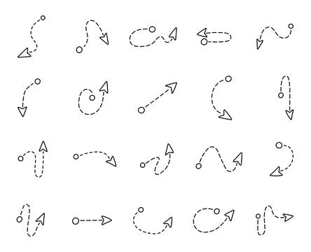 Hand drawn dashed arrow path set Stock Illustration