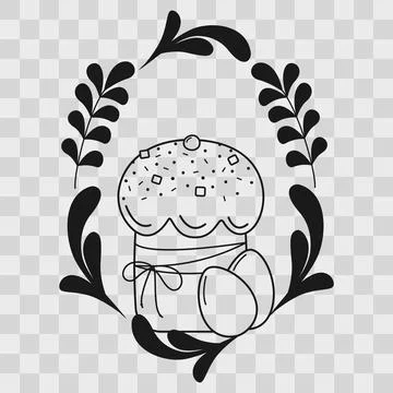Hand Drawn Decorated Easter Cake and Eggs within Oval Floral Frame Easter Ink Stock Illustration
