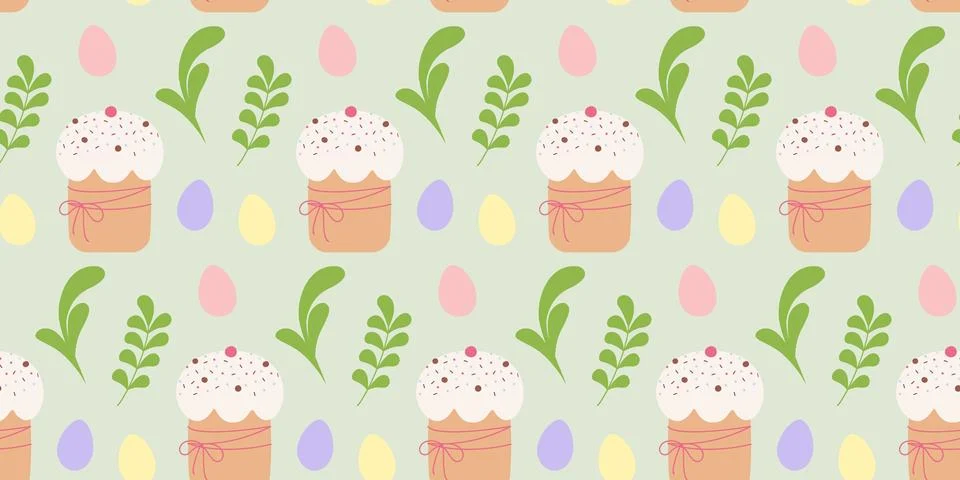 Hand drawn Decorated Ester Cake Abstract Twigs and Leaves and Colored Eggs Stock Illustration