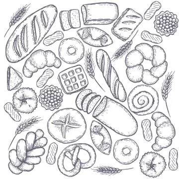 Hand drawn decorative bread bakery . Vector Illustration. Illustrazione stock