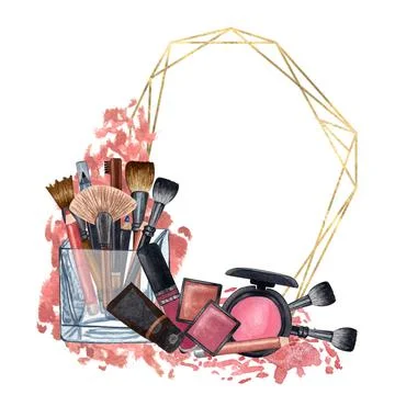 Hand drawn decorative cosmetics frame. Watercolor make up products. Beauty ba Stock Illustration