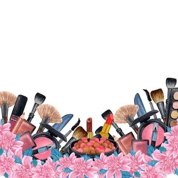 Hand drawn decorative cosmetics frame. Watercolor make up products. Beauty ba Stock Illustration