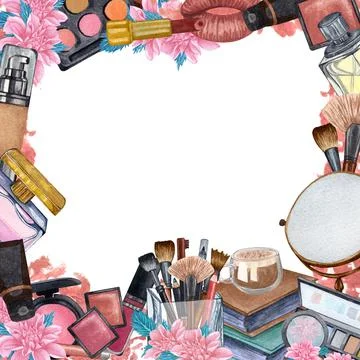 Hand drawn decorative cosmetics frame. Watercolor make up products. Beauty ba Stock Illustration