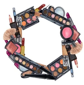 Hand drawn decorative cosmetics frame. Watercolor make up products. Beauty ba Stock Illustration
