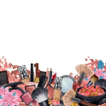 Hand drawn decorative cosmetics frame. Watercolor make up products. Beauty ba Stock Illustration