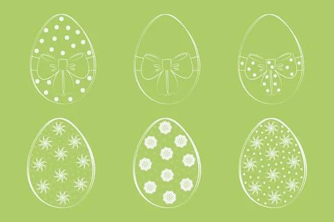 Hand drawn decorative Easter Eggs Collection White on green Backdrop Outline Stock Illustration