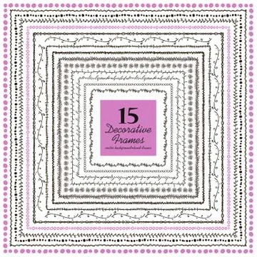 Hand drawn decorative frames set. Vector illustration of 17 cute frames in Illustrazione stock