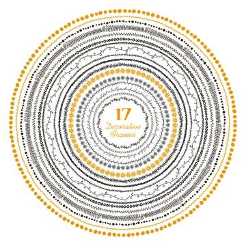 Hand drawn decorative frames set. Vector illustration of 17 cute frames in Stock Illustration