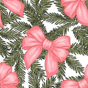 Hand drawn design Christmas pattern pink bows and green pine branches foliage in イラスト素材