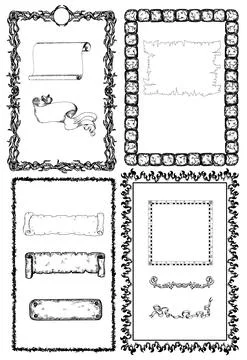 Hand drawn design collection with frames, dividers and banners isolated on wh Illustrazione stock