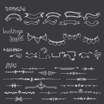 Hand drawn design elements: flowers, wreaths, banners, ribbons Stock Illustration