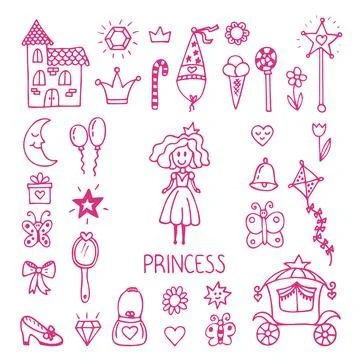 Hand drawn design elements of little princess. Sketchy fairy tale princess Stock Illustration