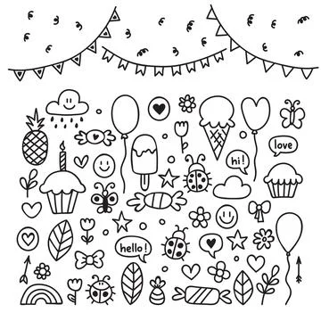 Hand drawn design elements. Party set of celebration objects. Doodle childr.. Stock Illustration