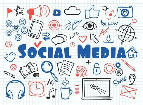 Hand drawn design vector illustration, set of social media Stock Illustration