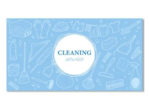 Hand drawn design visiting card for cleaning service. Clean Tools Banner Hand Stock Illustration