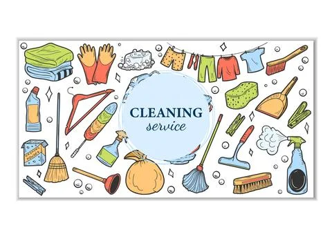 Hand drawn design visiting card for cleaning service. Clean Tools Banner Hand Stock Illustration
