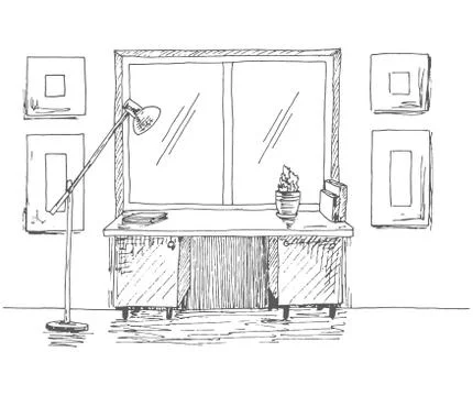 Hand drawn desk in front of the window. Next floor lamp. Stock Illustration