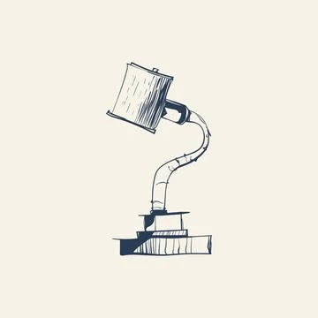 Hand Drawn Desk Lamp on Stack of Books, Reading Lamp Vector Stock Illustration
