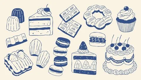 Hand drawn dessert vector set with cakes, cupcakes, macarons, chocolate Stock Illustration