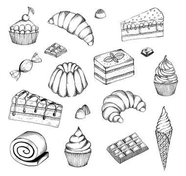 Hand drawn desserts vector set. Desserts bakery shop vector banner template Stock Illustration