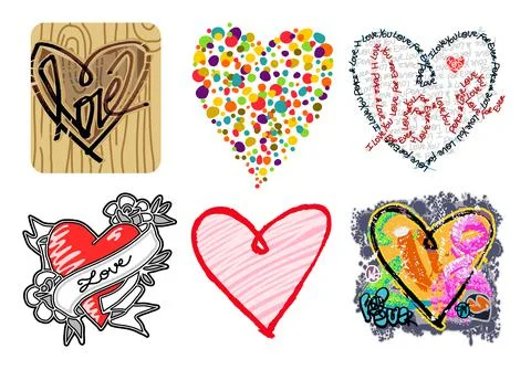 Hand drawn different Graphic Style colored Hearts - set 1 Stock Illustration
