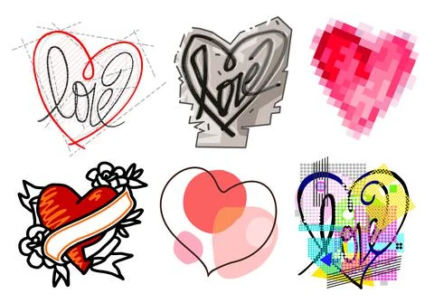 Hand drawn different Graphic Style colored Hearts - set 2 Stock Illustration