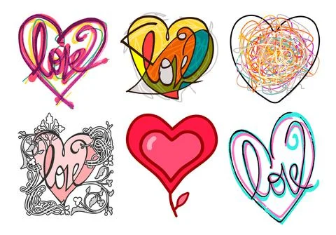Hand drawn different Graphic Style colored Hearts - set 3 Illustrazione stock