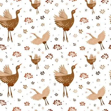 Hand drawn different plants and flowers, cute birds on white background Ilustración de archivo
