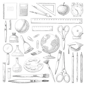 Hand drawn different school supplies isolated on white background. Stock Illustration