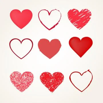 Hand drawn different style red hearts set. Vector symbols. Stock Illustration