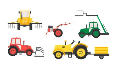 Hand drawn different types of agricultural machinery over white background Stock Illustration