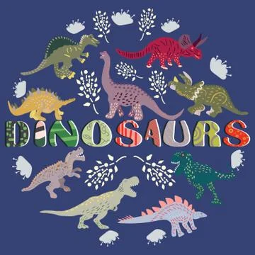 Hand drawn dinosaur characters in round shape on blue background. Stock Illustration