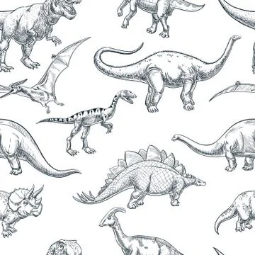 Hand drawn dinosaurs background. Vector seamless pattern. Sketch illustration Stock Illustration