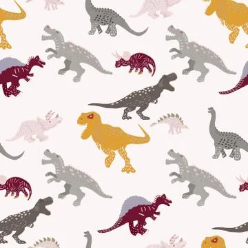 Hand drawn dinosaurs seamless pattern on beige background Stock Illustration