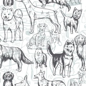 Hand drawn dogs.  Vector seamless pattern. Stock Illustration