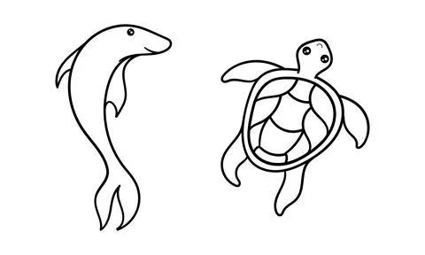 Hand drawn dolphin and turtle Illustrazione stock