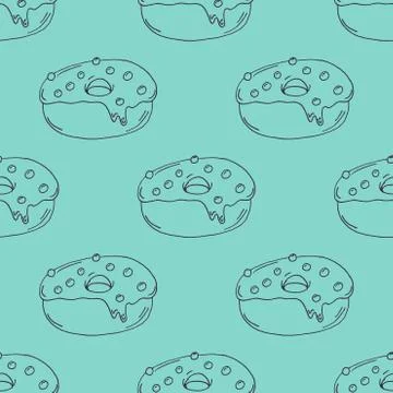 Hand Drawn Donut Outline Pattern on Green Background Stock Illustration