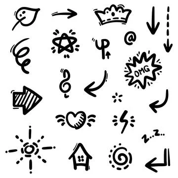 Hand drawn Doodle abstract of Swash Black Thin Line Set Include of Heart Stock Illustration