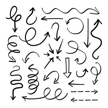 Hand drawn doodle arrow set. Cartoon abstract decorative arrows, thin pen Stock Illustration