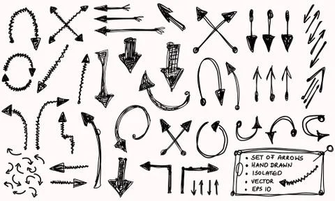 Hand drawn doodle arrow vector set. Isolated scribble pointer collection. Simple Stock Illustration