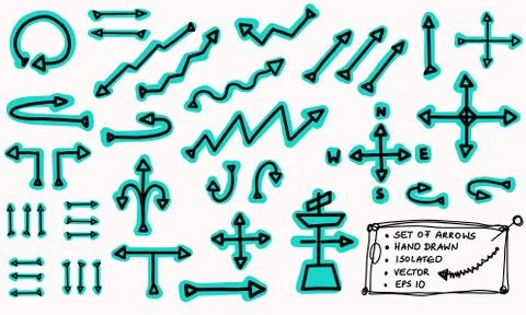 Hand drawn doodle arrow vector set. Isolated scribble pointer collection. Simple Stock Illustration