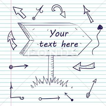 Hand drawn doodle arrows on lined paper Stock Illustration
