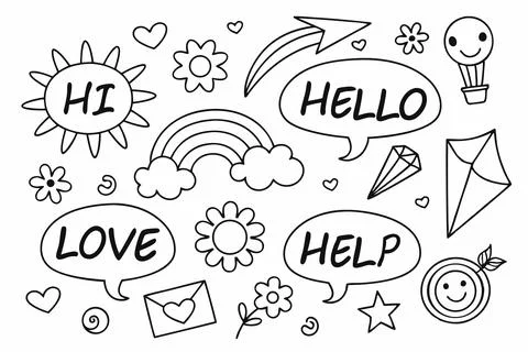 Hand drawn doodle art pattern with messages and positive elements outline Illustrazione stock