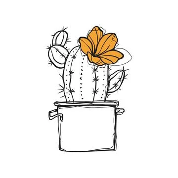 Hand Drawn Doodle Blooming Cactus with Yellow Orange Flower in Metal Pot Sk.. Illustration