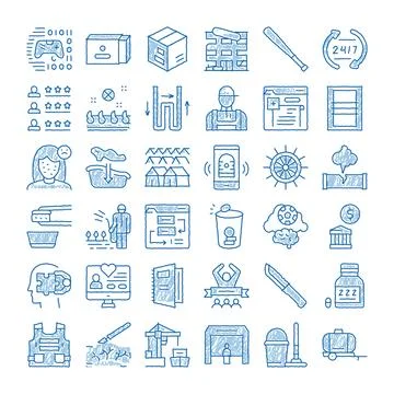 Hand drawn doodle blue sketch business icons collection Ilustración de archivo