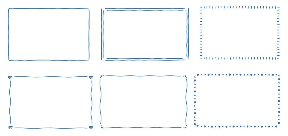Hand drawn doodle border frame set cute rectangle line outline ribbon dot Stock Illustration