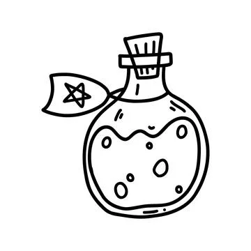 Hand drawn doodle bottle with potion. Halloween cartoon element, vector sketch Stock Illustration