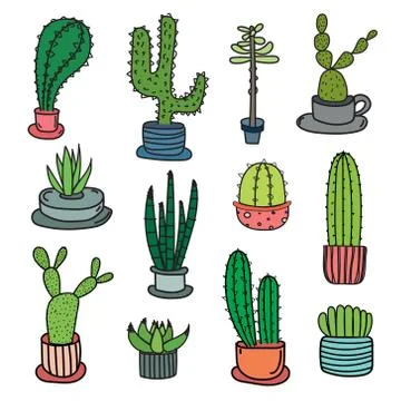 Hand Drawn Doodle Cactus Vector Set. Stock Illustration