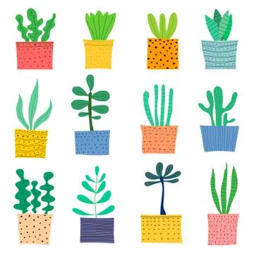 Hand Drawn Doodle Cactus Vector Set. Handmade Vector Illustration. Stock Illustration
